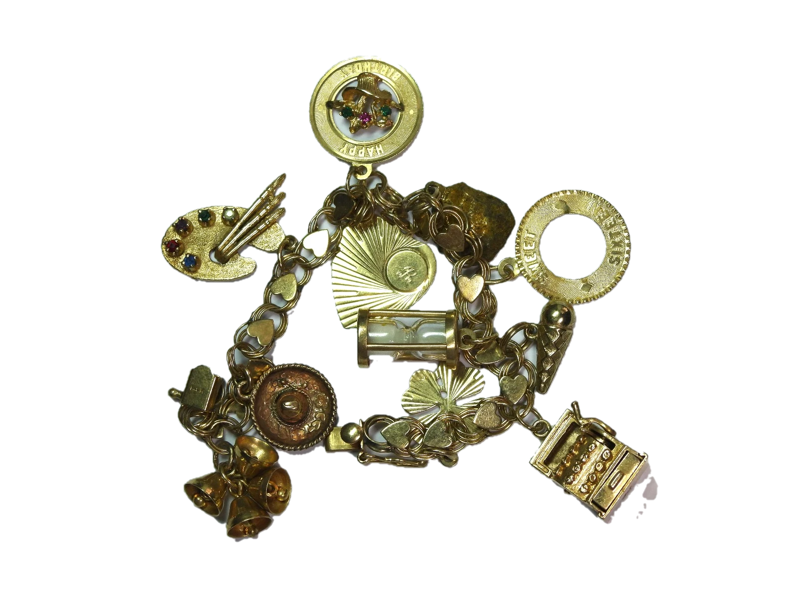 Vintage gold charm bracelet with assorted charms
